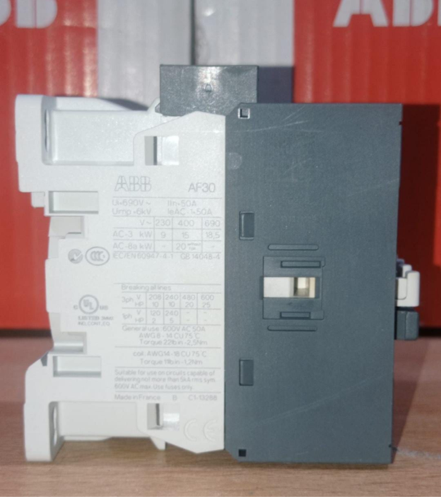 ABB AF30 contactor 30A 18.5kW 100-250V coil for motor control.