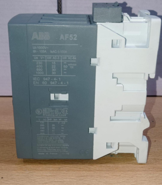ABB AF52 industrial contactor 52A 22kW 100-250V coil for motor control.
