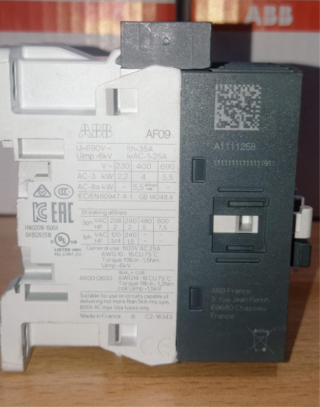 ABB AF09 contactor 9A 100-250V coil for motor control.