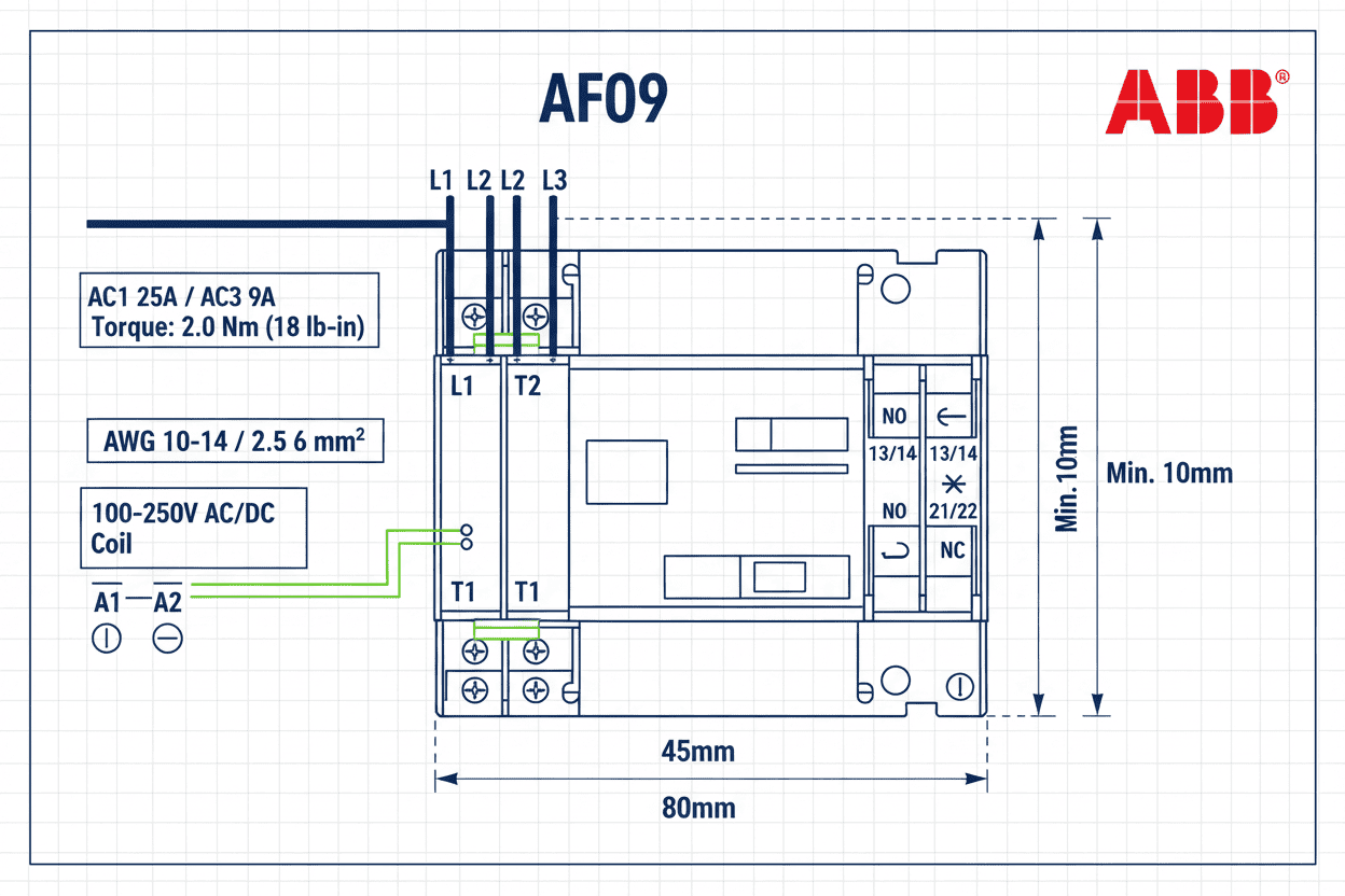 ABB AF09 Contactor – (AC/DC Coil 100–250V, AC1 25A / AC3 9A, NO/NC Both Options Available)