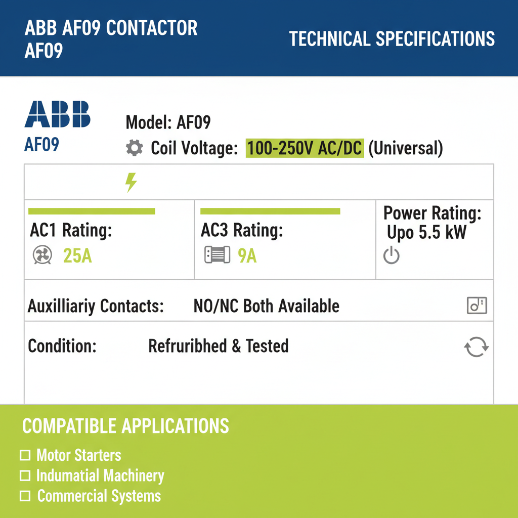 Technical specifications of ABB AF09 contactor 9A 100-250V coil for motor control.