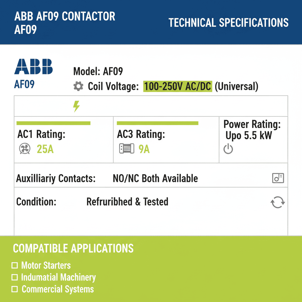 ABB AF09 Contactor – (AC/DC Coil 100–250V, AC1 25A / AC3 9A, NO/NC Both Options Available)