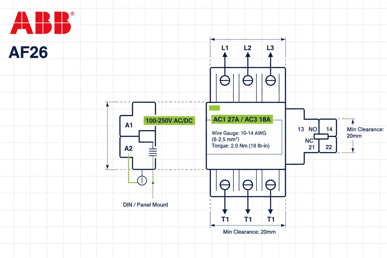 ABB AF26 Contactor – (AC/DC Coil 100–250V, AC1 27A / AC3 18A, 15 kW, NO/NC Both Options Available)