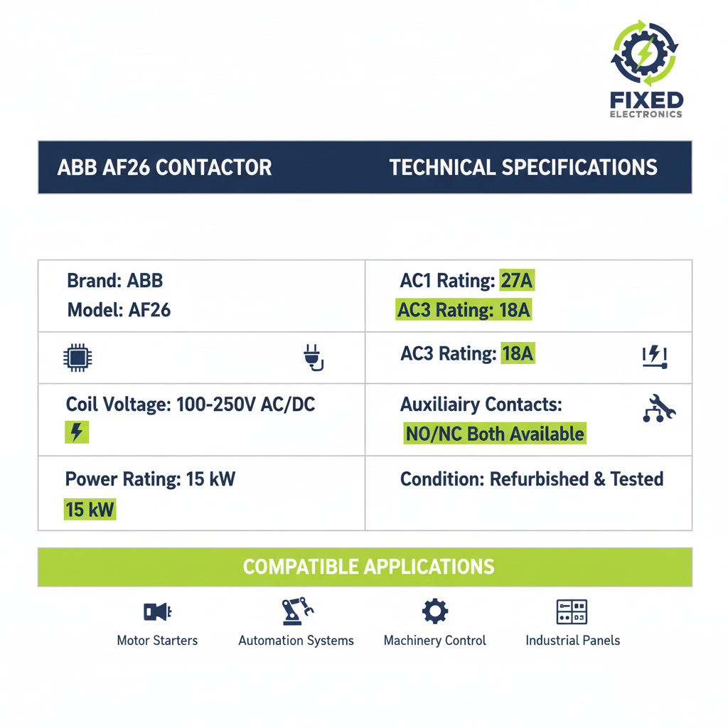 Technical specifications of ABB AF26 contactor 18A 15kW 100-250V coil for motor control