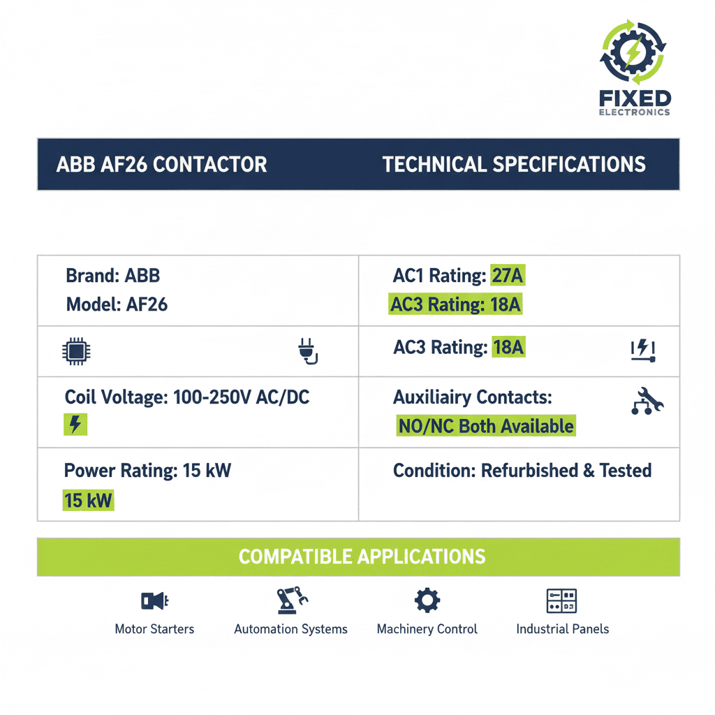 ABB AF26 Contactor – (AC/DC Coil 100–250V, AC1 27A / AC3 18A, 15 kW, NO/NC Both Options Available)