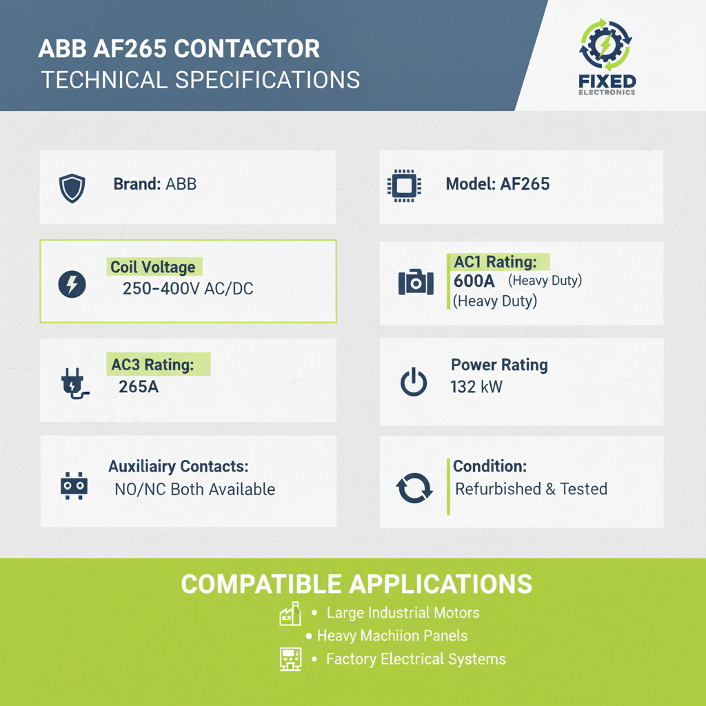 Technical specifications of ABB AF265 heavy-duty contactor 265A 132kW 250-400V coil for large industrial motors.