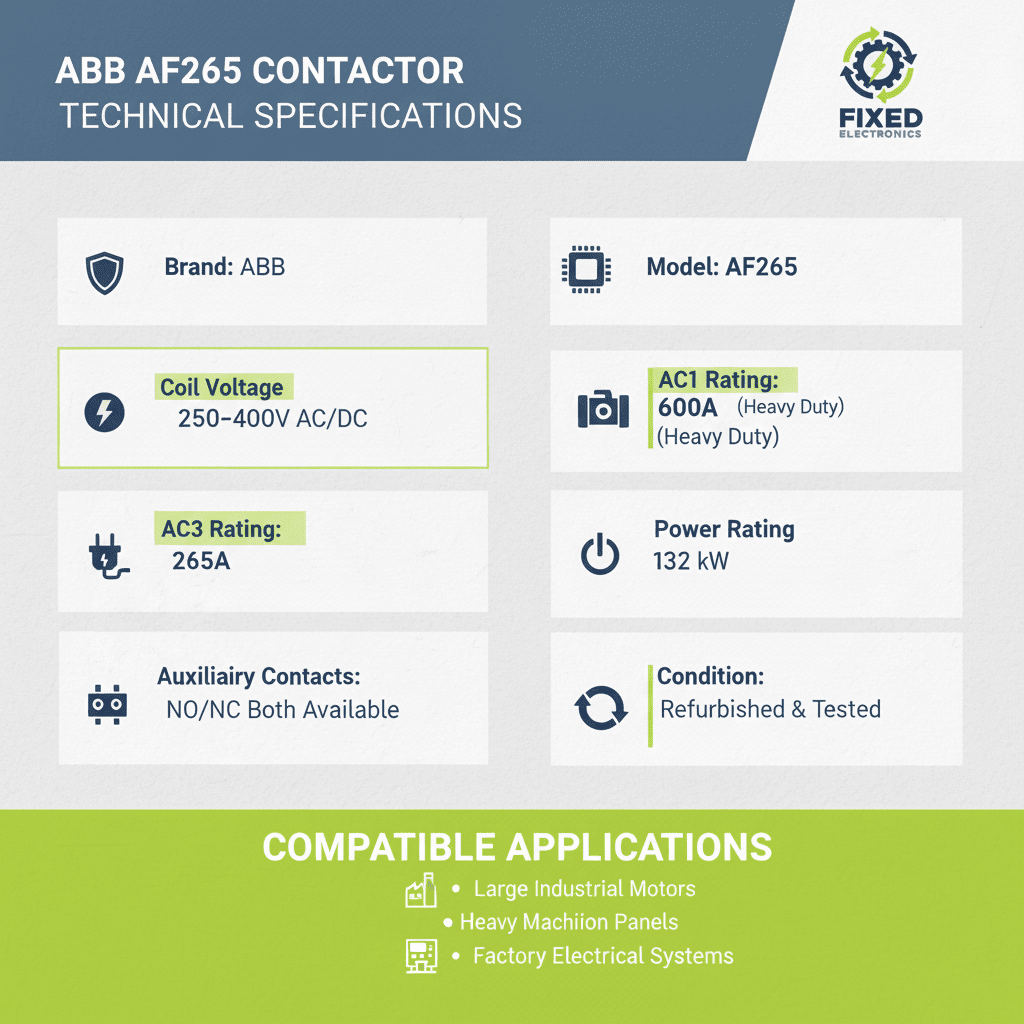 ABB AF265 Contactor – (AC/DC Coil 250–400V, 132 kW, AC1 600A / AC3 265A, NO/NC Both Options Available)