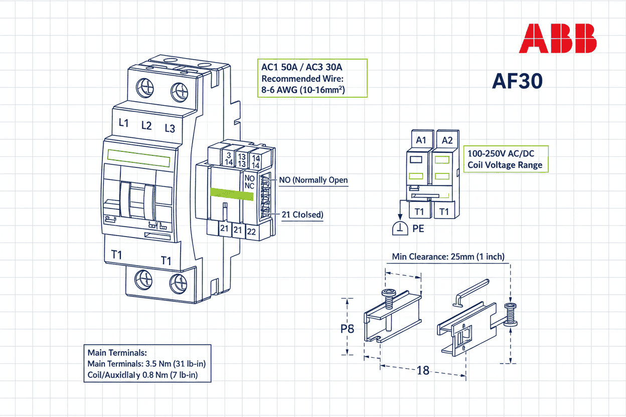 ABB AF30 Contactor – (AC/DC Coil 100–250V, AC1 50A / AC3 30A, 18.5 kW, NO/NC Both Options Available)