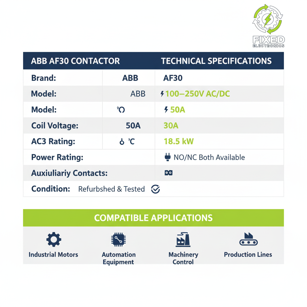 Technical specifications of ABB AF30 contactor 30A 18.5kW 100-250V coil for motor control.