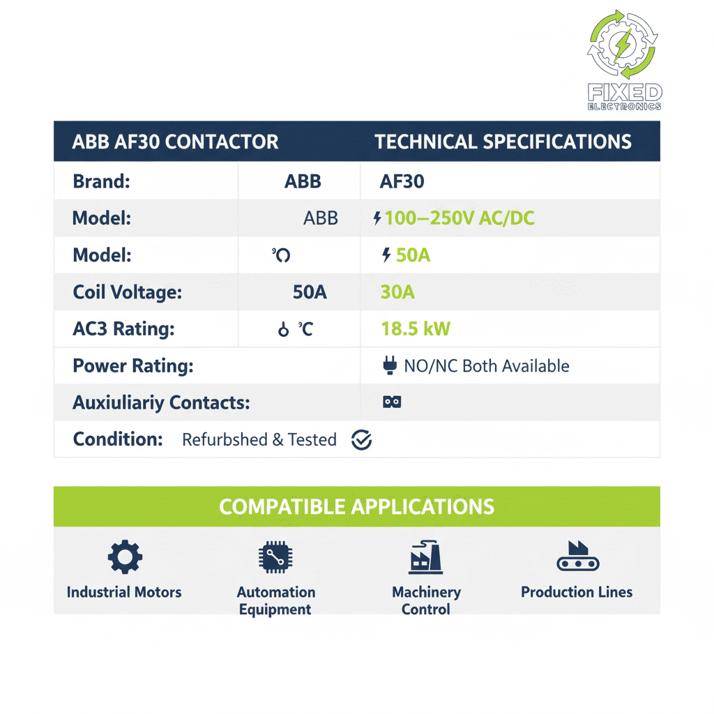 ABB AF30 Contactor – (AC/DC Coil 100–250V, AC1 50A / AC3 30A, 18.5 kW, NO/NC Both Options Available)