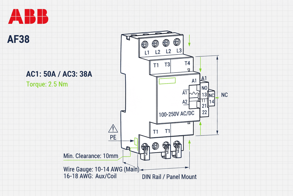 ABB AF38 Magnetic Contactor – New Model (100–250V AC/DC Coil, 18.5 kW, AC1 50A / AC3 38A)