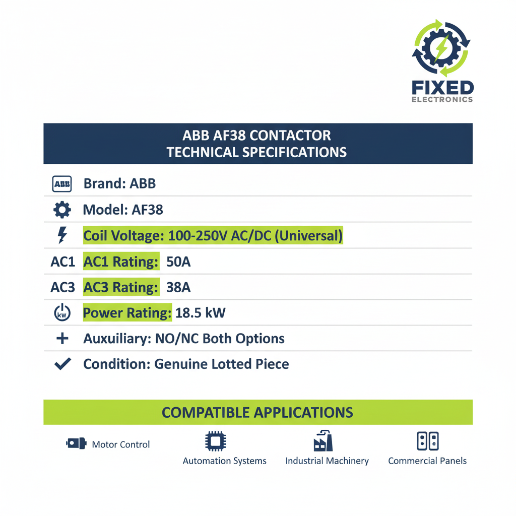 Technical specifications of ABB AF38 magnetic contactor 38A 18.5kW 100-250V coil for motor control.