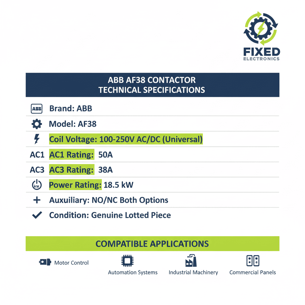 ABB AF38 Magnetic Contactor – New Model (100–250V AC/DC Coil, 18.5 kW, AC1 50A / AC3 38A)