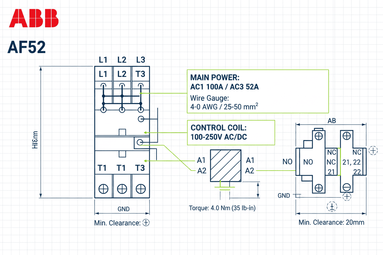 ABB AF52 Contactor – (AC/DC Coil 100–250V, 22 kW, AC1 100A / AC3 52A, NO/NC Both Options Available)