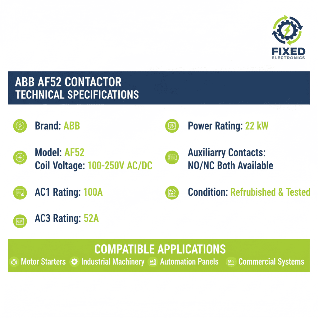 ABB AF52 Contactor – (AC/DC Coil 100–250V, 22 kW, AC1 100A / AC3 52A, NO/NC Both Options Available)