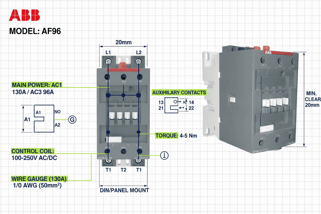 ABB AF96 Contactor – (AC/DC Coil 100–250V, 45 kW, AC1 130A / AC3 96A, NO/NC Both Options Available)