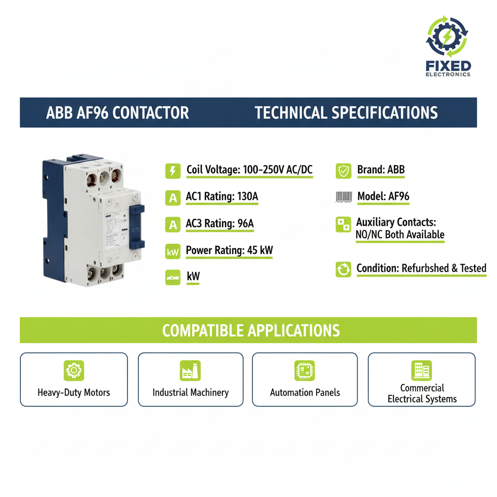 Technical specifications of ABB AF96 industrial contactor 96A 45kW 100-250V coil for heavy-duty motors