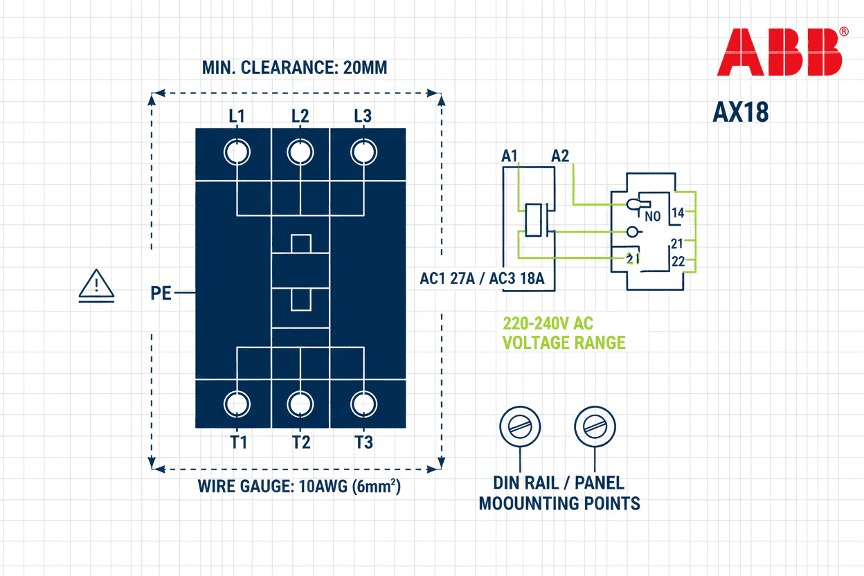 ABB AX18 Contactor – (220–240V AC Coil, AC1 27A / AC3 18A, NO/NC Both Options Available)