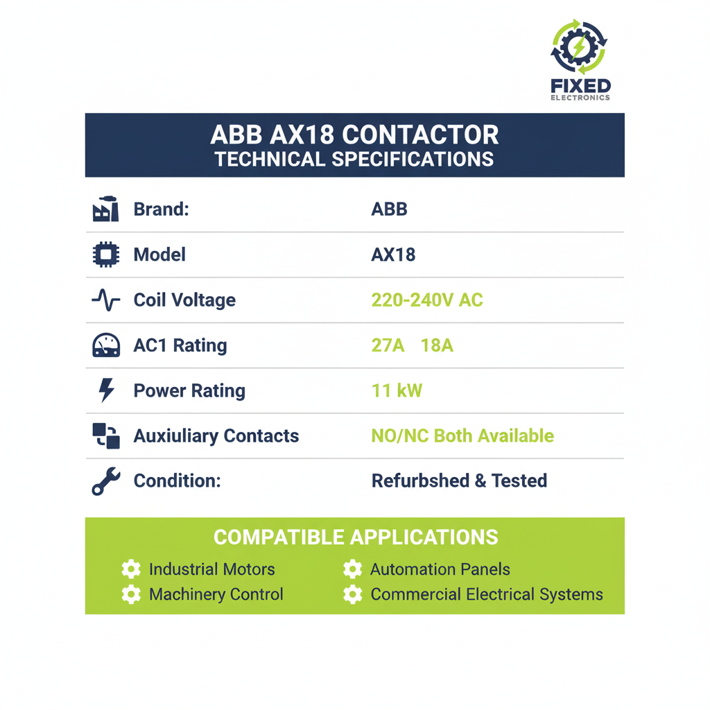 Technical specifications of ABB AX18 contactor 18A 220-240V coil for motor control.
