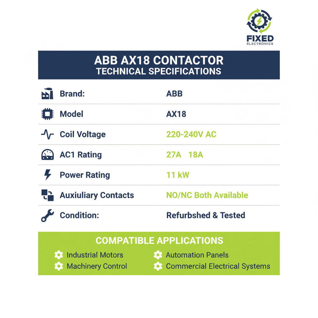 ABB AX18 Contactor – (220–240V AC Coil, AC1 27A / AC3 18A, NO/NC Both Options Available)