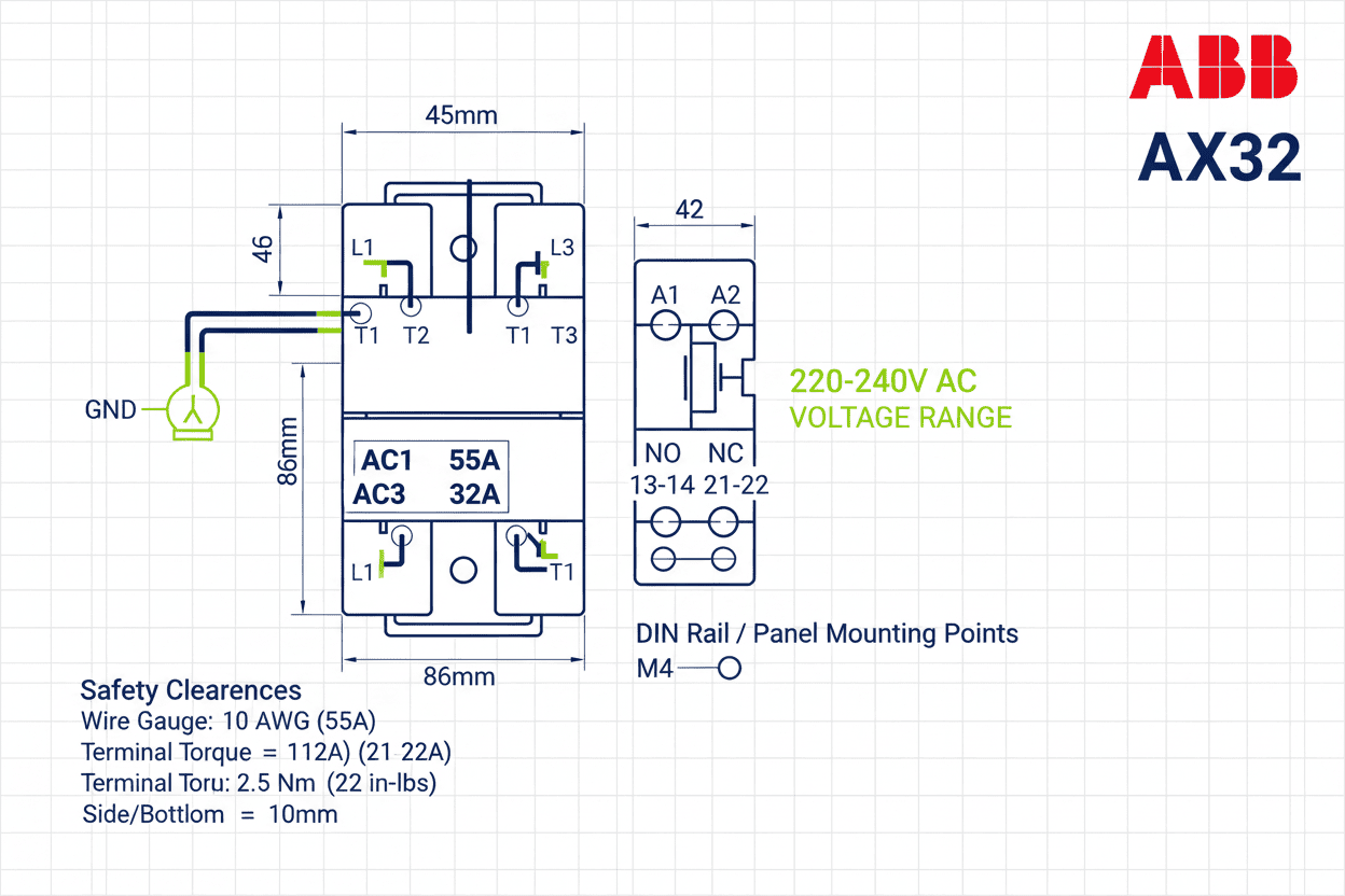 ABB AX32 Contactor – (220–240V AC Coil, AC1 55A / AC3 32A, 15 kW, NO/NC Both Options Available)