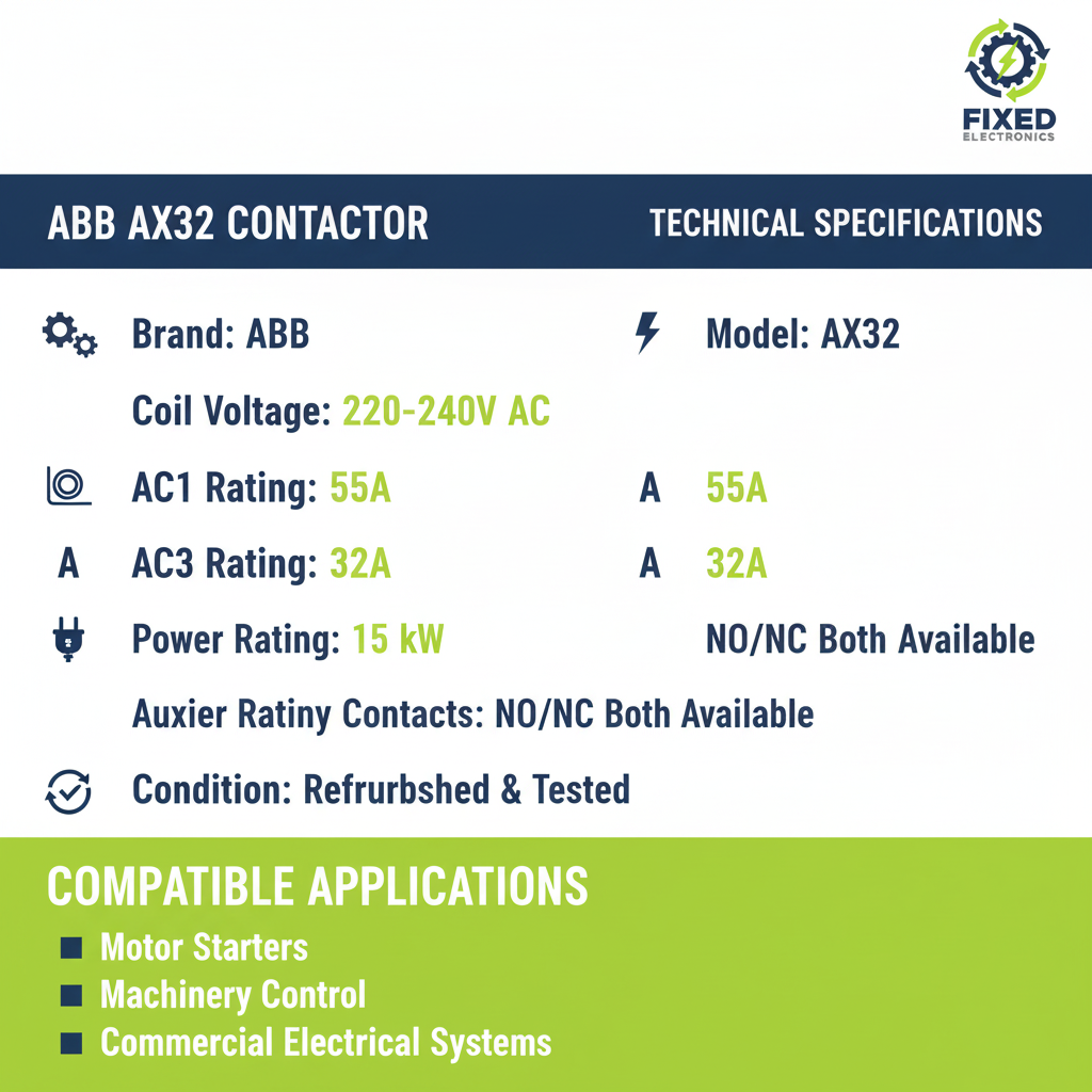Technical specifications of ABB AX32 contactor 32A 15kW 220-240V coil for motor control.