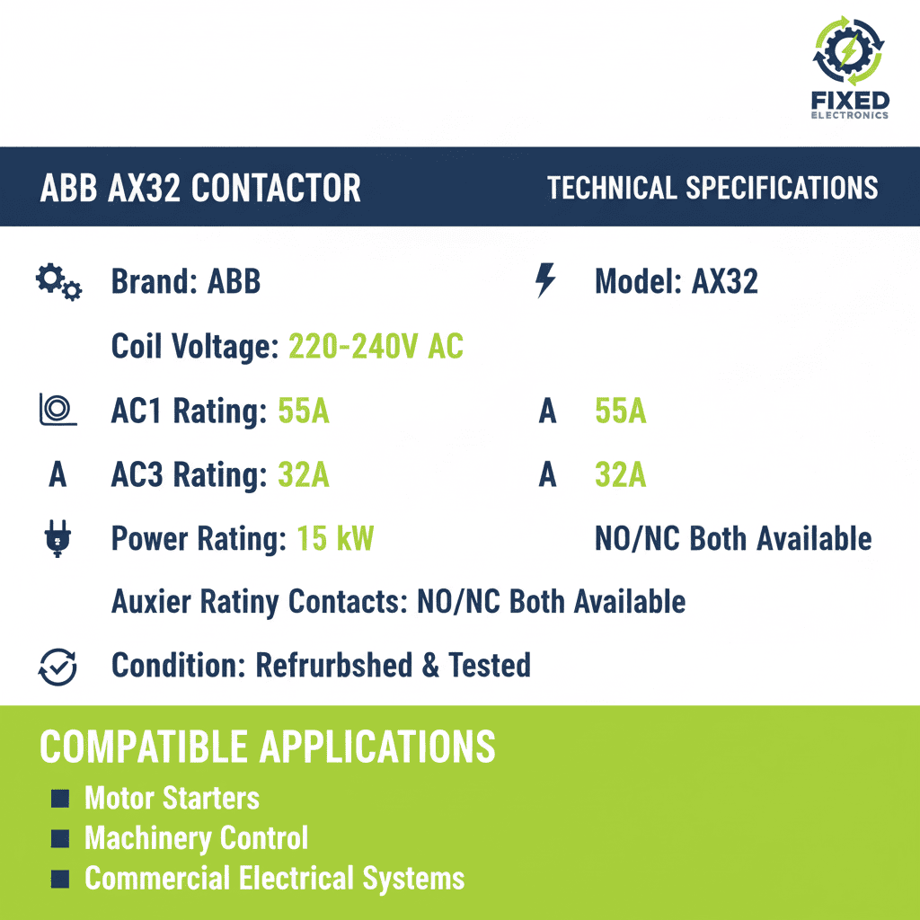 ABB AX32 Contactor – (220–240V AC Coil, AC1 55A / AC3 32A, 15 kW, NO/NC Both Options Available)