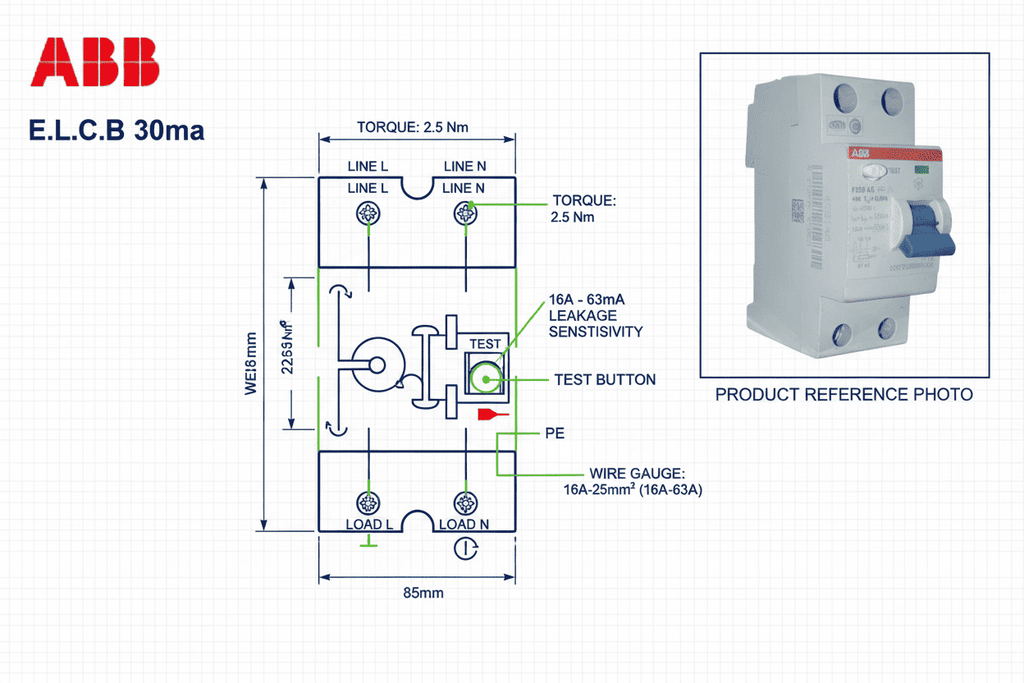 ABB E.L.C.B – 30mA Leakage Breaker (2 Pole, 16A–63A)