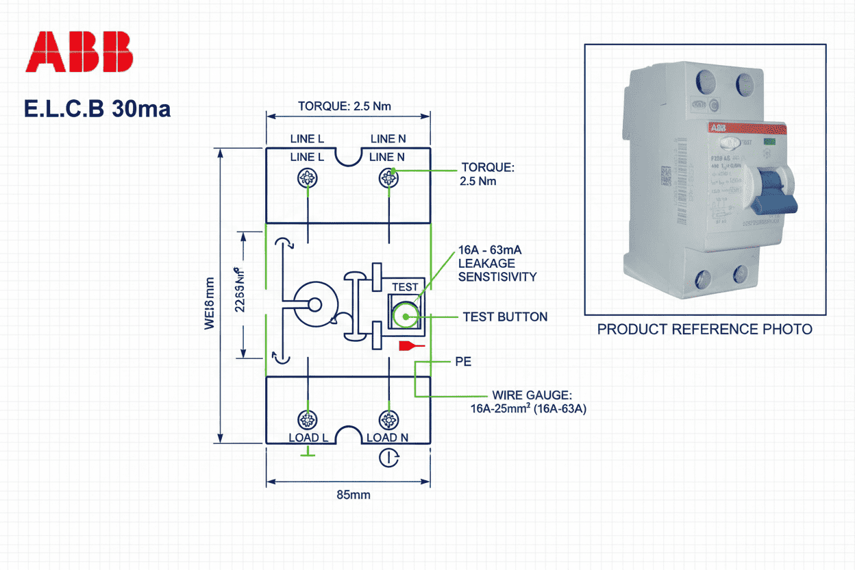ABB E.L.C.B – 30mA Leakage Breaker (2 Pole, 16A–63A)