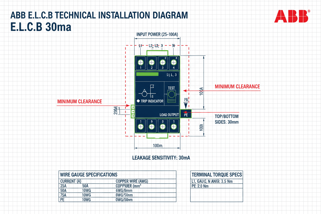 ABB E.L.C.B – 30mA Leakage Breaker (4 Pole, 25A–100A)