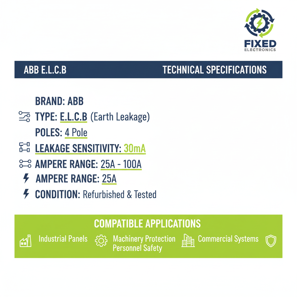 Technical specifications of ABB ELCB 30mA 4 Pole 25A-100A earth leakage circuit breaker
