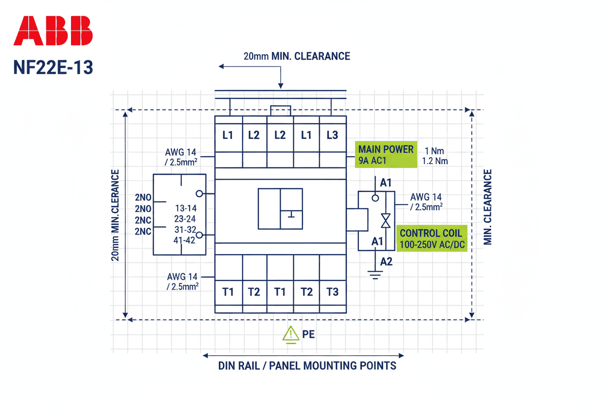 ABB NF22E-13 Contactor – (AC/DC Coil 100–250V, 9A AC1, 2NO/2NC)
