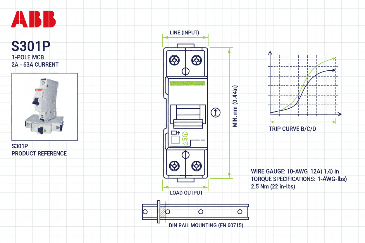 ABB S301P MCB – PVC Body (1 Pole, 2A–63A)