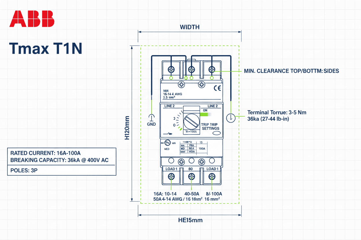 ABB Tmax T1N MCCB – 36k Model (3 Pole, 16A–100A)