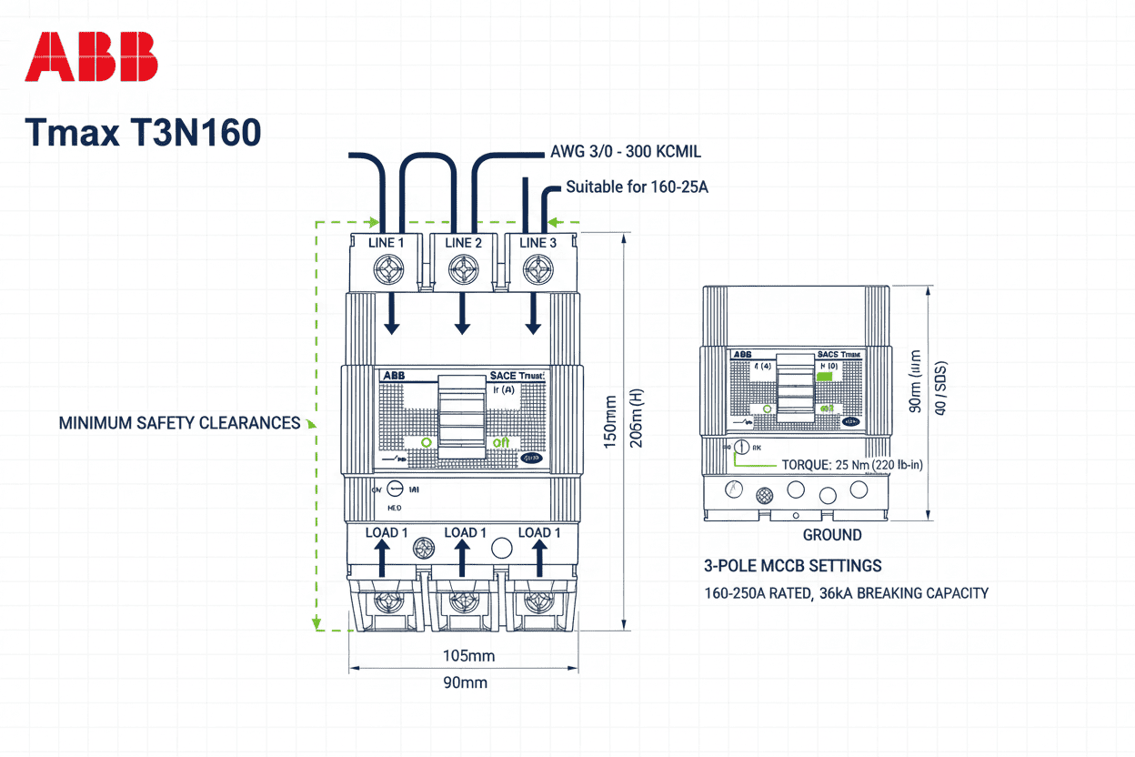 ABB Tmax T3N160 MCCB – 36k Model (3 Pole, 160A–250A)