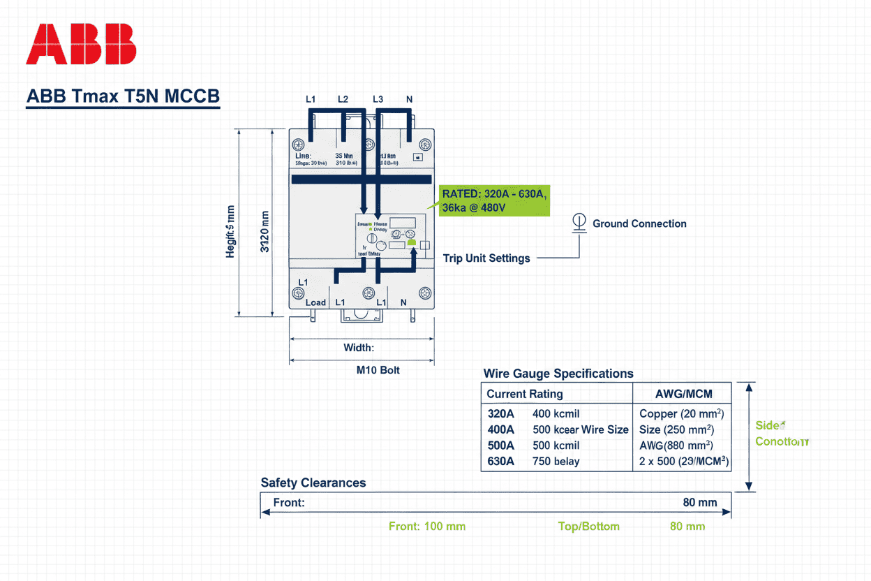 ABB Tmax T5N MCCB – 36k Model (4 Pole, 320A–630A)