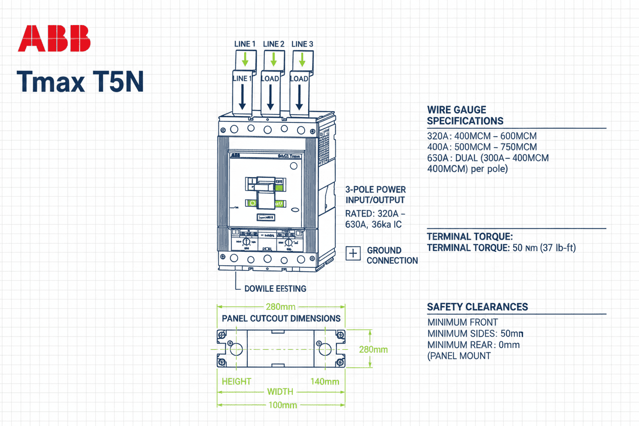ABB Tmax T5N MCCB – 36k Thermal Overload Model (3 Pole, 320A–630A)