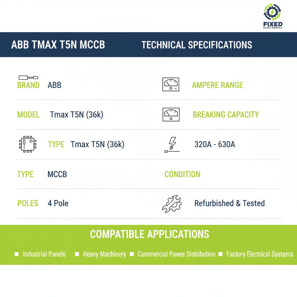 Technical specifications of ABB Tmax T5N MCCB 4 Pole 320A-630A 36kA industrial circuit breaker.