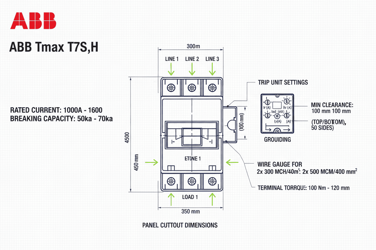 ABB Tmax T7S,H MCCB – 50k–70k Model (3 Pole, 1000A–1600A)
