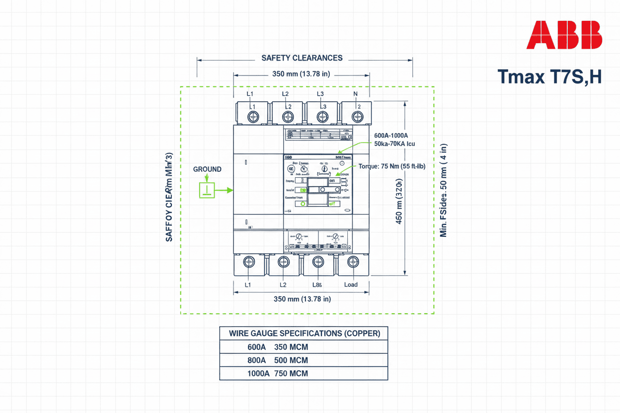 ABB Tmax T7S,H MCCB – 50k–70k Model (4 Pole, 600A–1000A)