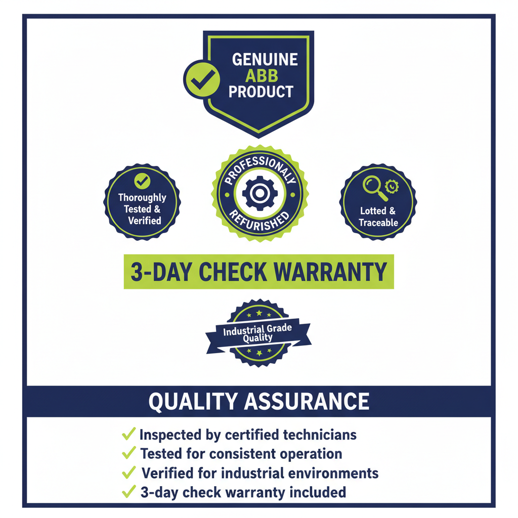 Quality assurance and product authenticity information for ABB AF09 contactor 9A 100-250V coil for motor control.