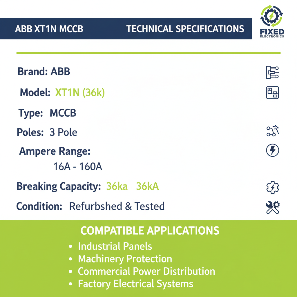 Technical specifications of ABB XT1N MCCB 3 Pole 16A-160A 36kA industrial circuit breaker.