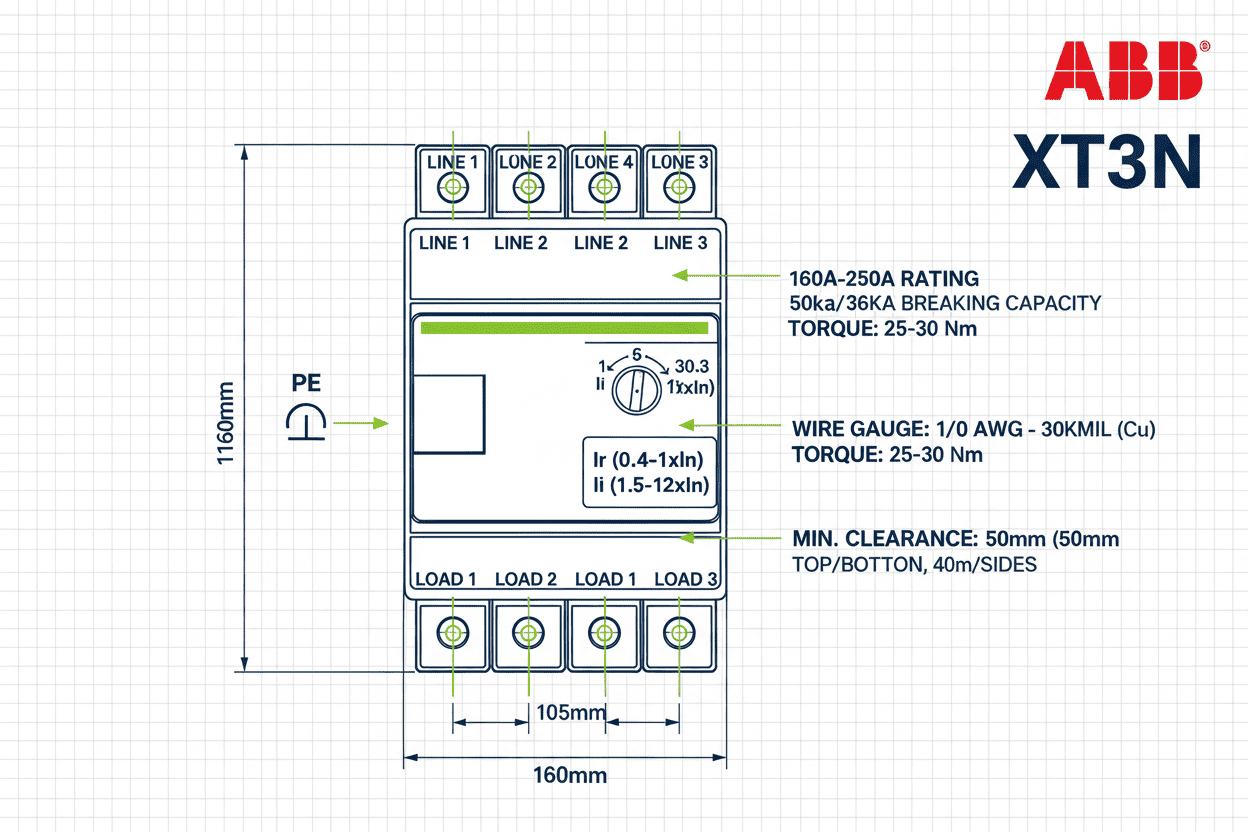 ABB XT3N MCCB – 50k/36k Model (3 Pole, 160A–250A)