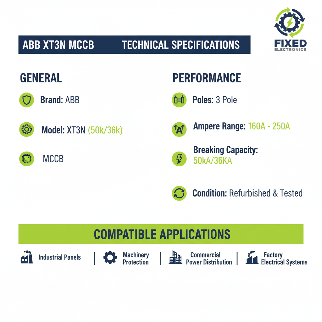 Technical specifications of ABB XT3N MCCB 3 Pole 160A-250A 50kA-36kA industrial circuit breaker.