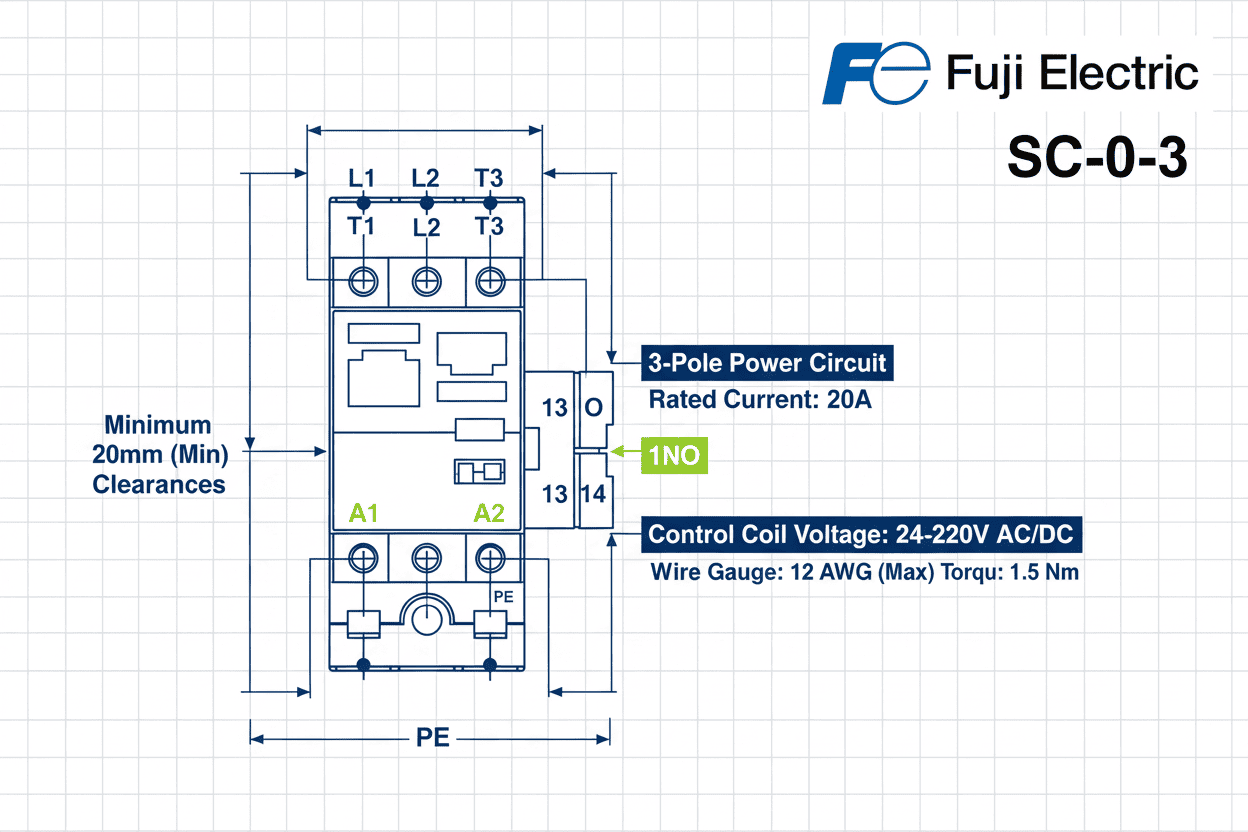 Fuji SC-0-3 Contactor – (3 Pole + 1NO, 24–220V Coil, 4 kW / 5.5 HP, 20A)