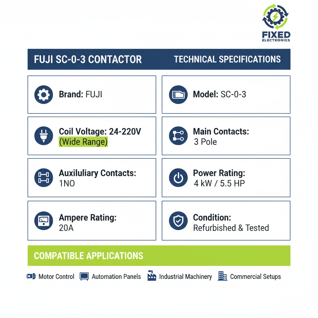 Technical specifications of Fuji SC-0-3 contactor 20A 4kW 5.5HP 3 Pole for motor control.