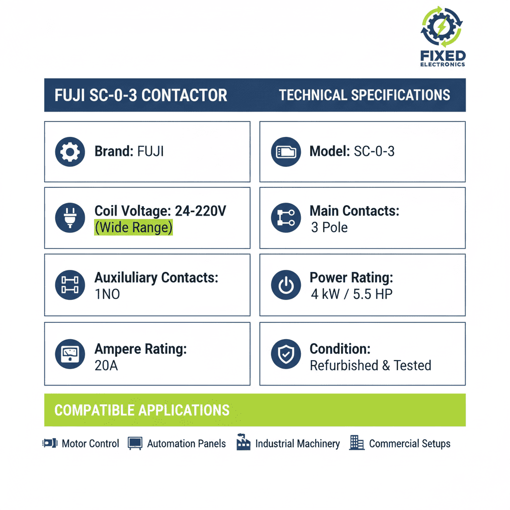 Fuji SC-0-3 Contactor – (3 Pole + 1NO, 24–220V Coil, 4 kW / 5.5 HP, 20A)