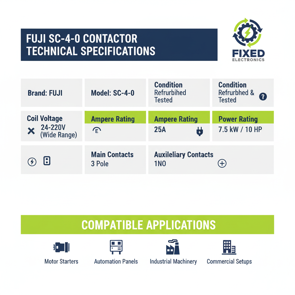 Technical specifications of Fuji SC-4-0 contactor 25A 7.5kW 10HP 3 Pole for motor control.