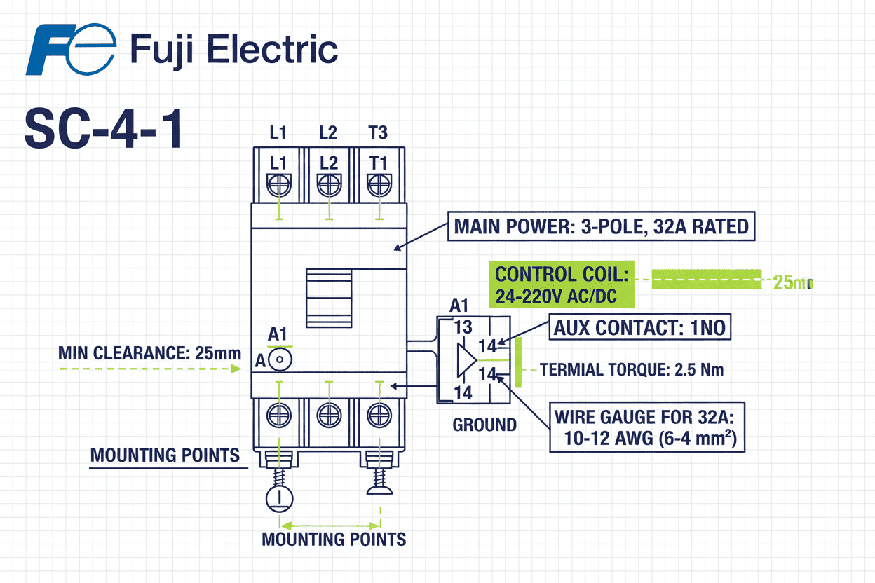 Fuji SC-4-1 Contactor – (3 Pole + 1NO, 24–220V Coil, 11 kW / 15 HP, 32A)