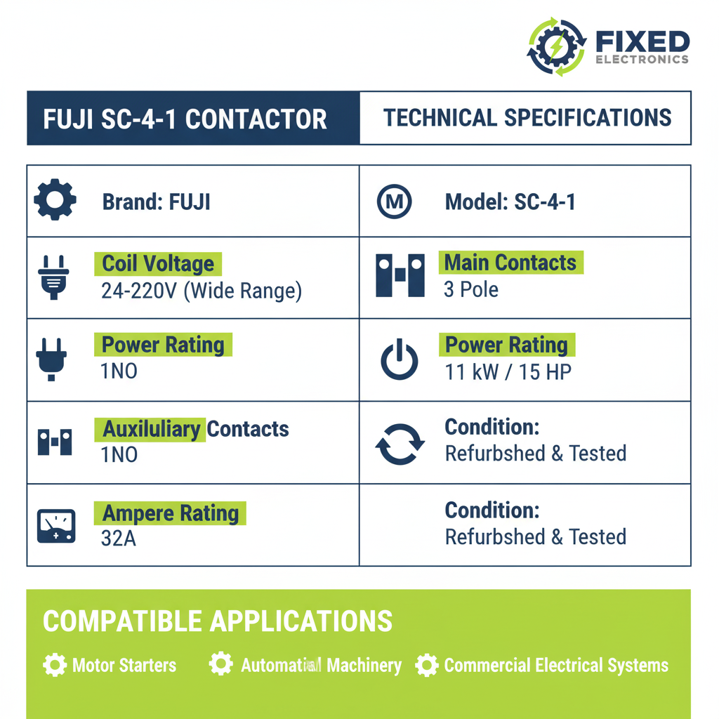 Technical specifications of Fuji SC-4-1 contactor 32A 11kW 15HP 3 Pole for motor control.